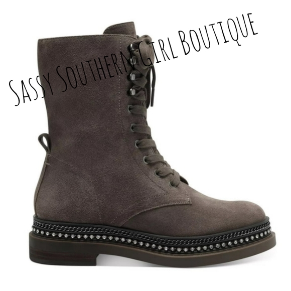 🆕⭐ VINCE CAMUTO suede mocha brown rhinestone combat boots - Picture 2 of 12